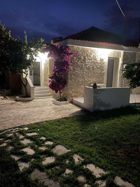 a house with a cat sitting on the front porch at night at Mediterranean house in Skala Sotiros