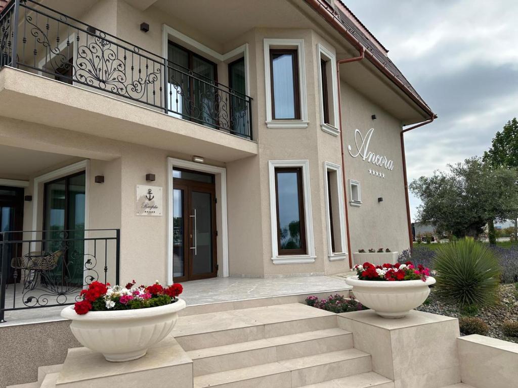 a house with two large vases in front of it at Ancora in Salonta