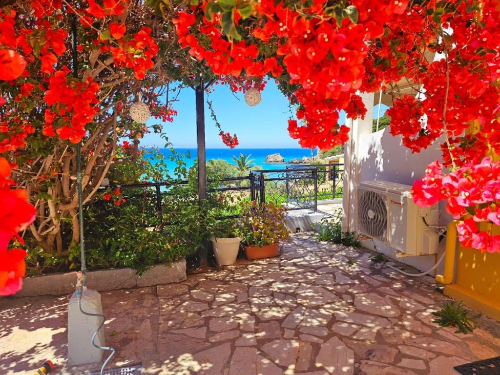 ogród z czerwonymi kwiatami wiszącymi z budynku w obiekcie Corfu Glyfada Apartment 45 w mieście Glifada