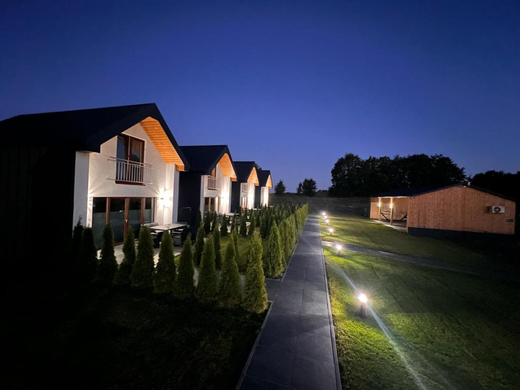 a row of houses at night with a row of trees at Moonlight Houses z banią w cenie !!! in Wielki Podleś
