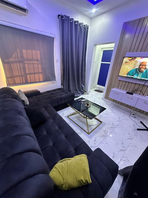 a living room with a black couch and a tv at 1Bedroom flat at Magnanimous Apartments Ogudu in Lagos