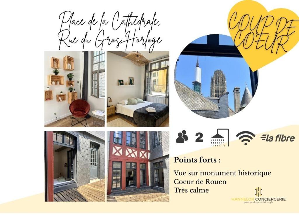 un collage de quatre photos d'une maison dans l'établissement Carré d or de Rouen vue sur la cathédrale, à Rouen