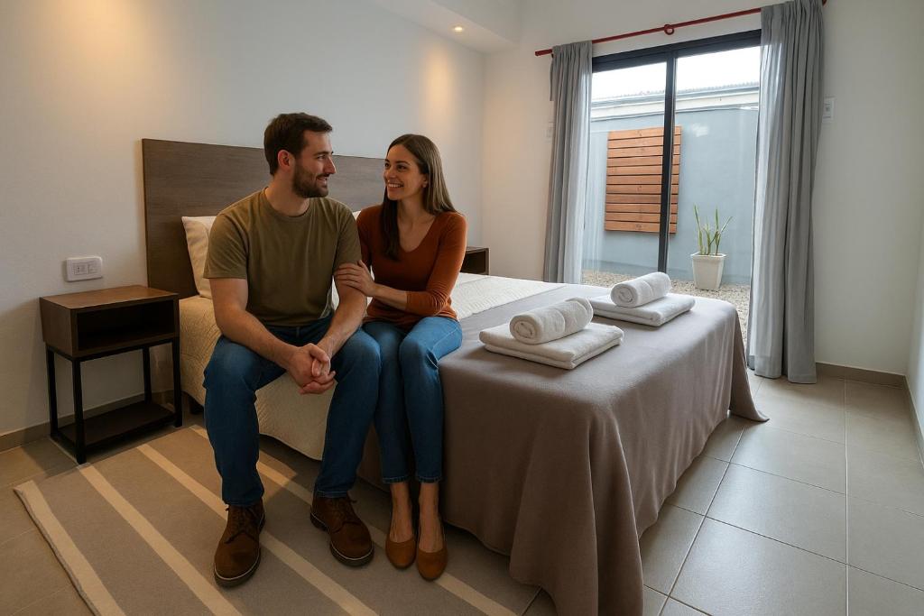 a man and a woman sitting on a bed at Alojamientos Litoral - España 4 in Gualeguaychú