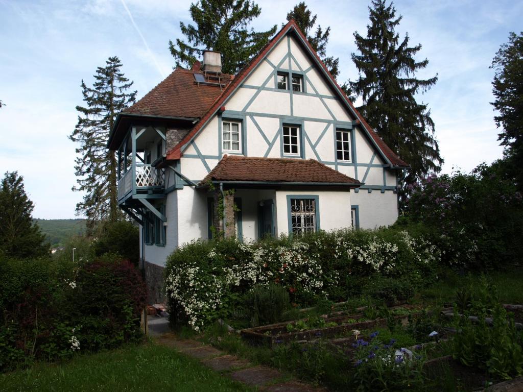 a white house with a brown roof at Das Alte Forsthaus in Geisenheim