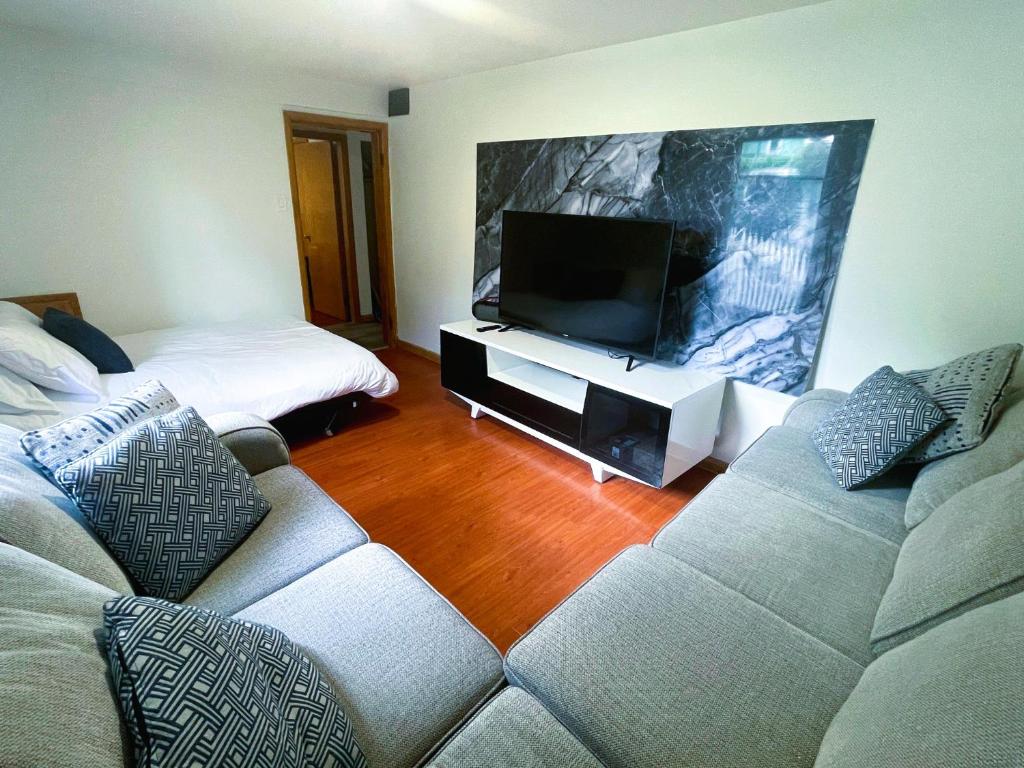a living room with a couch and a flat screen tv at Cabernet Sauvignon Escape in Calgary