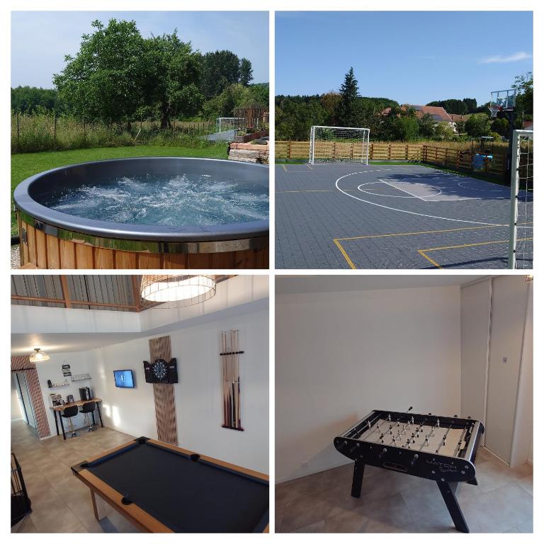 quatre vues différentes d'une table de billard et d'une balle de ping-pong dans l'établissement La ferme d aumontzey, à Aumontzey