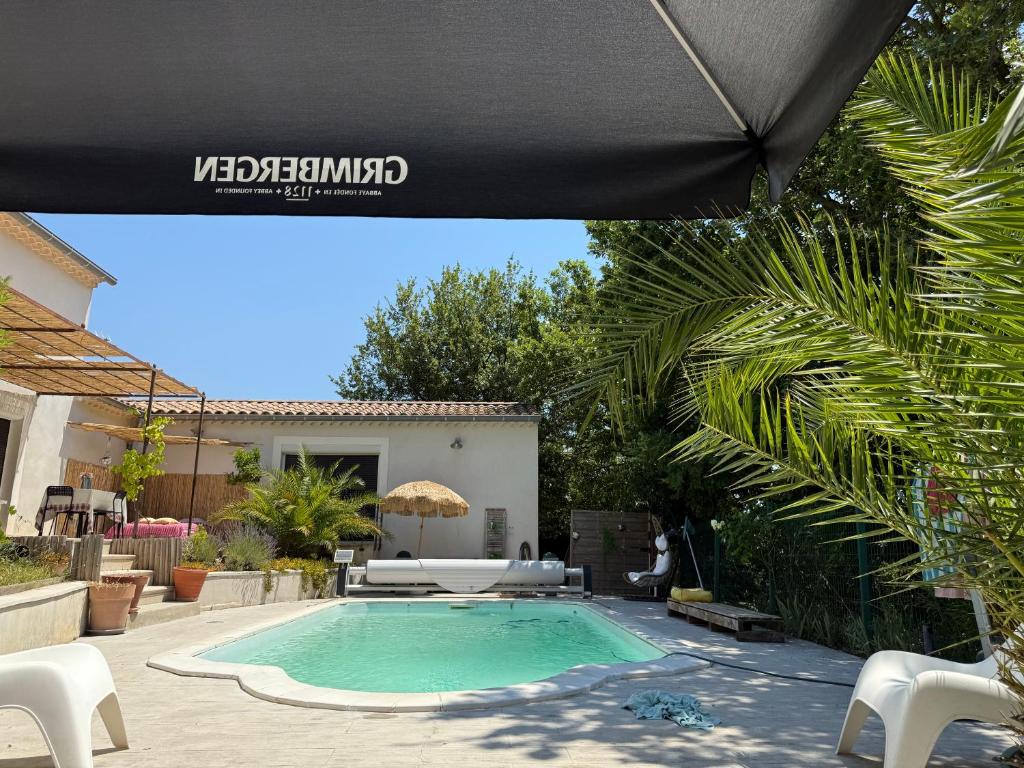 - une piscine dans un jardin avec un parasol noir dans l'établissement Belle villa contemporaine avec piscine, à Laudun-l'Ardoise
