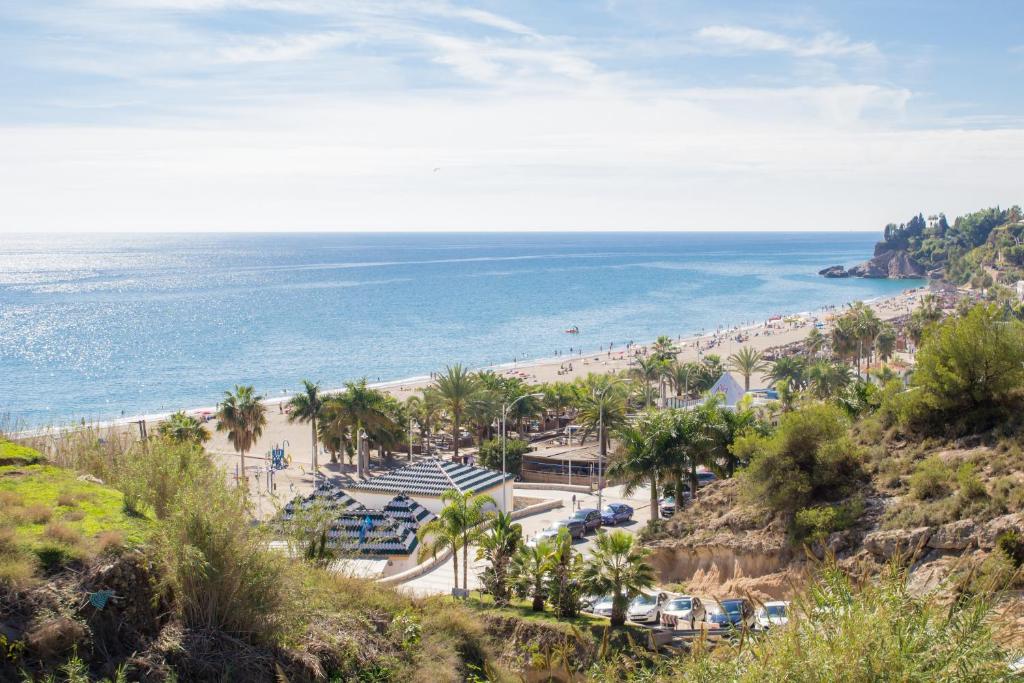 a view of a beach with palm trees and the ocean at AT Almoraide Rooms Suites in Nerja