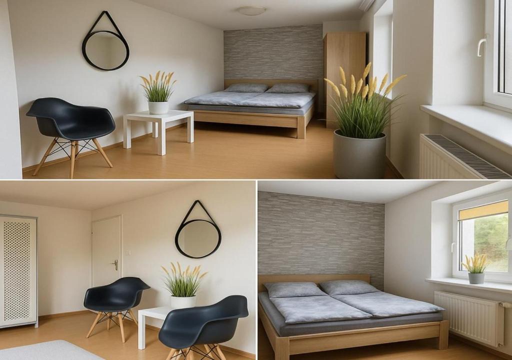 Cette chambre comprend 2 lits et un miroir mural. dans l'établissement Willa SOL, à Mielno