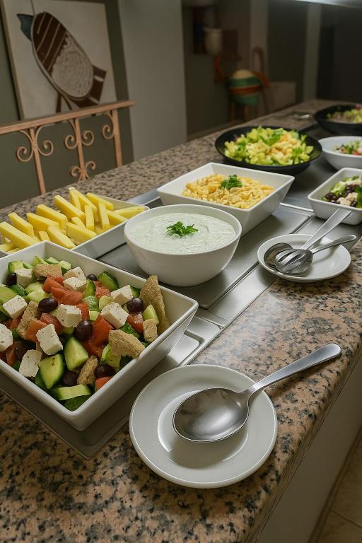 a buffet of food on a counter with bowls of food at Pelagia Bay Hotel in Agia Pelagia