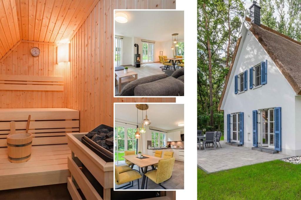 a collage of pictures of a house at Fischerdorf Ferienhaus Im Kiefernwäldchen in Zirchow