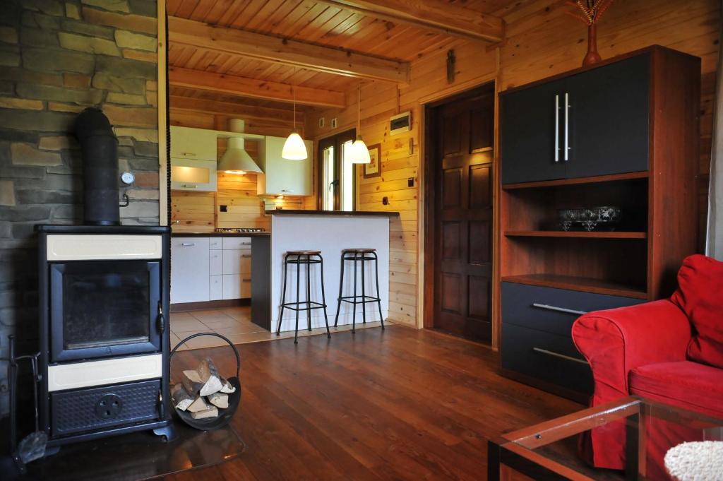 a living room with a fireplace and a red couch at Domek nad Solinką in Bukowiec