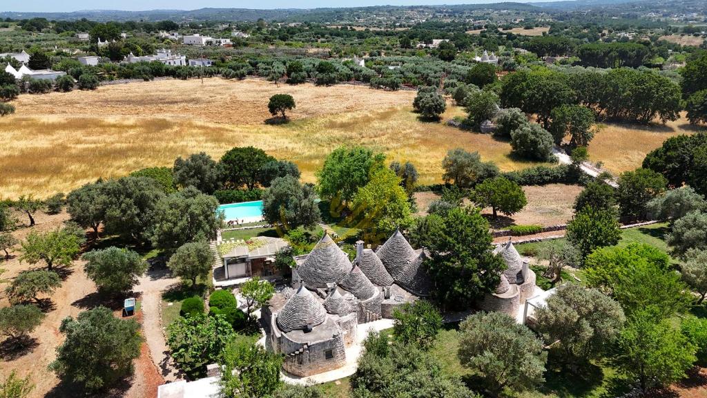 - une vue aérienne sur un vieux manoir arboré dans l'établissement TD Trulli Vittoriani Charme and Pure Nature w pool, à Ostuni