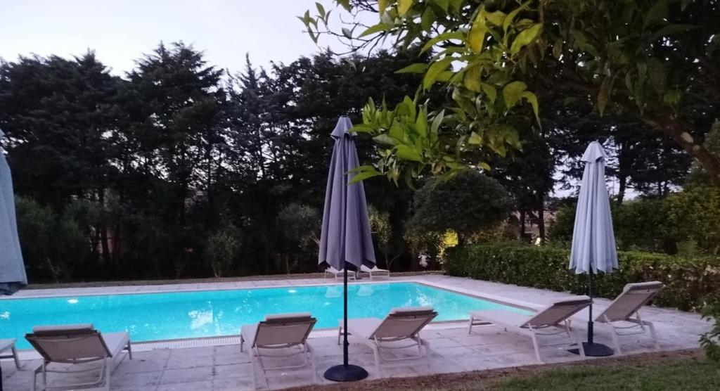 a swimming pool with chairs and umbrellas next to it at Lemontree Apartments in Kassiopi