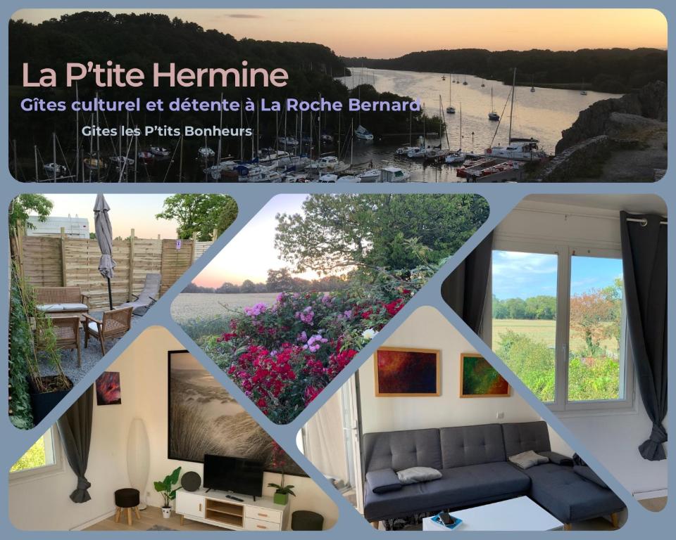 un collage de trois photos d'un salon dans l'établissement La Petite Hermine, gîte culturel Petits Bonheurs, à Férel