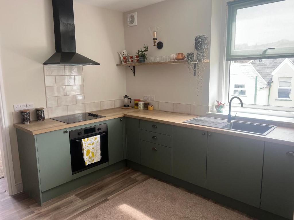 cocina con armarios verdes, fregadero y ventana en The Meads, en Ilfracombe