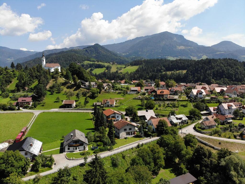 una vista aerea di un piccolo villaggio in montagna di Savinja River Residence a Ljubno