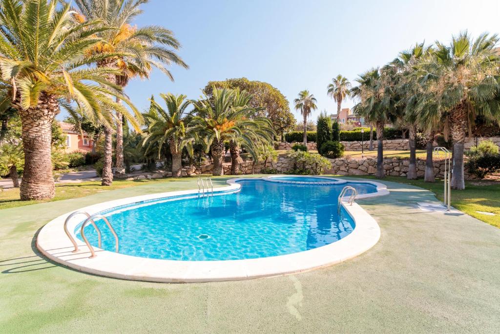 une piscine avec des palmiers dans un complexe hôtelier dans l'établissement Las Lomas de Bonalba, à Mutxamel