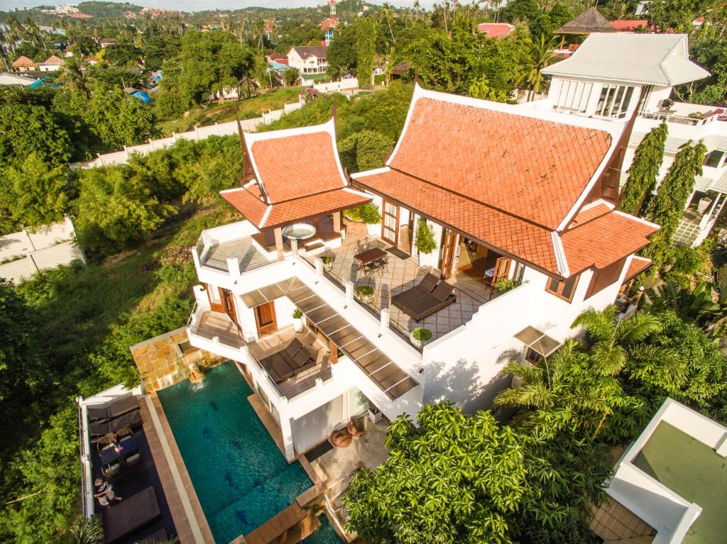 an aerial view of a house with a swimming pool at Villa Melitta, Pool, Beach, 360-SeaViews, 6-bed Thai Luxury on Best Location in Samui in Bang Rak Beach