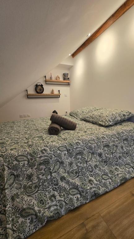 Appartement atypique au cœur de Sallanches في سالونش: غرفة نوم بها سرير وبطانية عليه