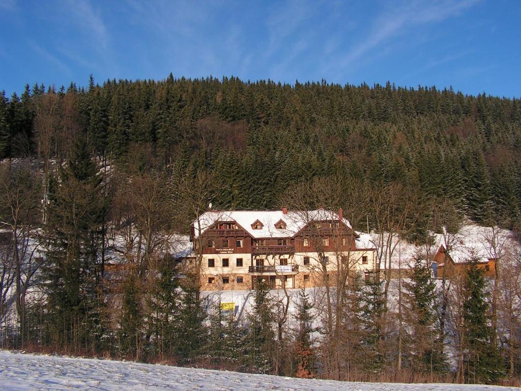 dom na wzgórzu ze śniegiem w obiekcie Domek Górski Czarna Góra przy wyciągach w Stroniu Śląskim