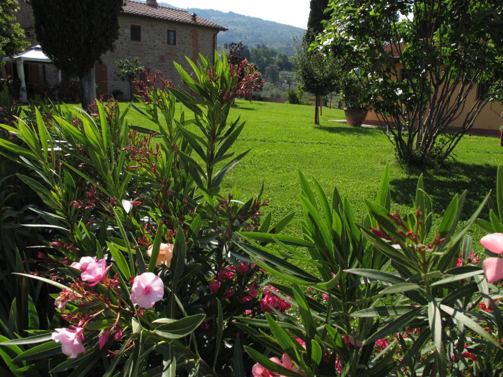 einen Garten mit rosa Blumen und einem Grasfeld in der Unterkunft Podere Piana in Reggello