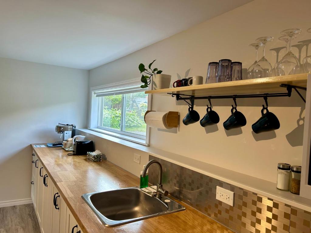 cocina con fregadero y encimera con ollas y sartenes en Bridgewater downtown apartment, en Bridgewater