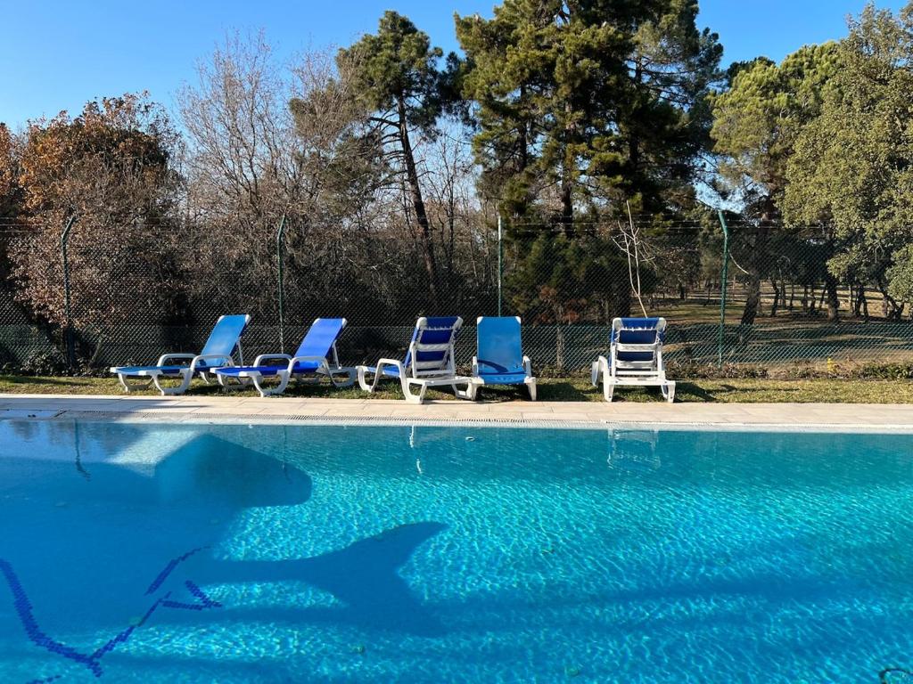 a group of chairs and a shark in a pool at Casa Bellavista con piscina en Caldes Costa Brava in Caldes de Malavella