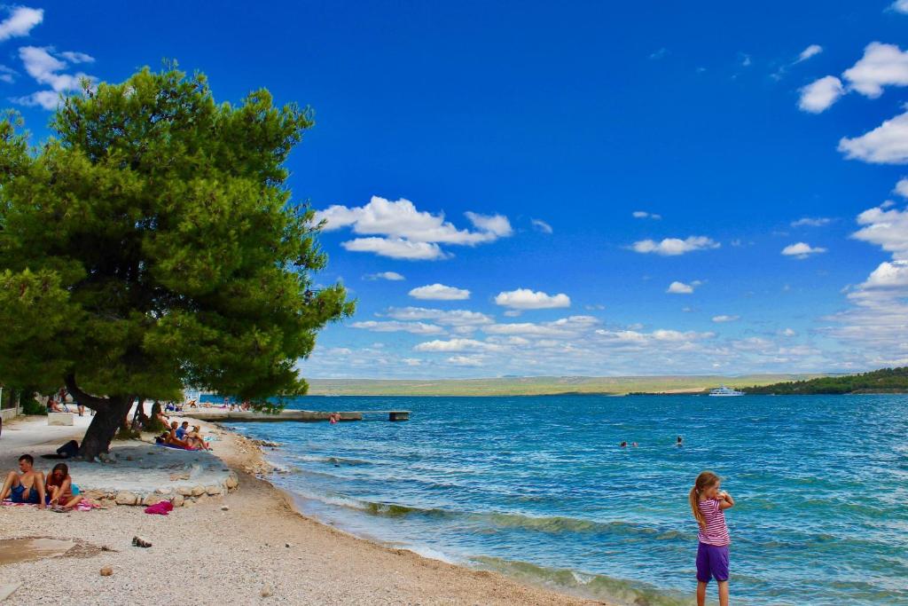 a woman standing on a beach near the water at Apartments by the sea Bilice, Krka - 23875 in Šibenik