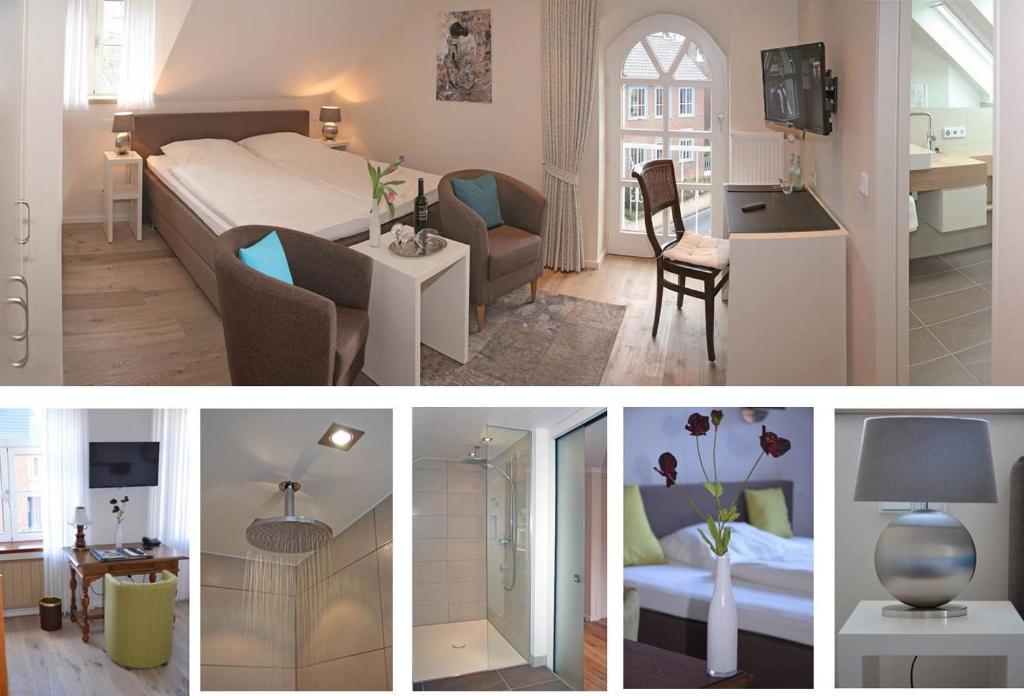 un collage de quatre photos d'une chambre d'hôtel dans l'établissement Hotel Josten, à Nettetal