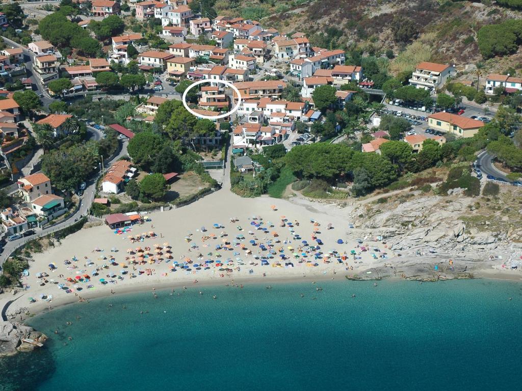 an aerial view of a beach with people and umbrellas at Appartamenti Montecristo e Pianosa in Seccheto