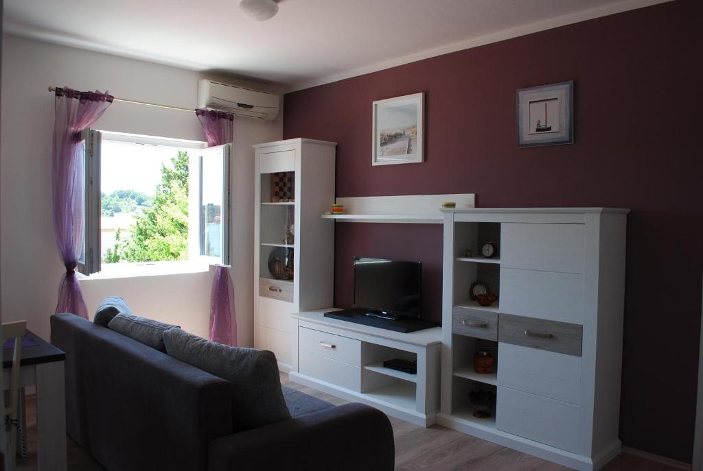 a living room with a couch and a television at Ante Carov Apartment in Verunić