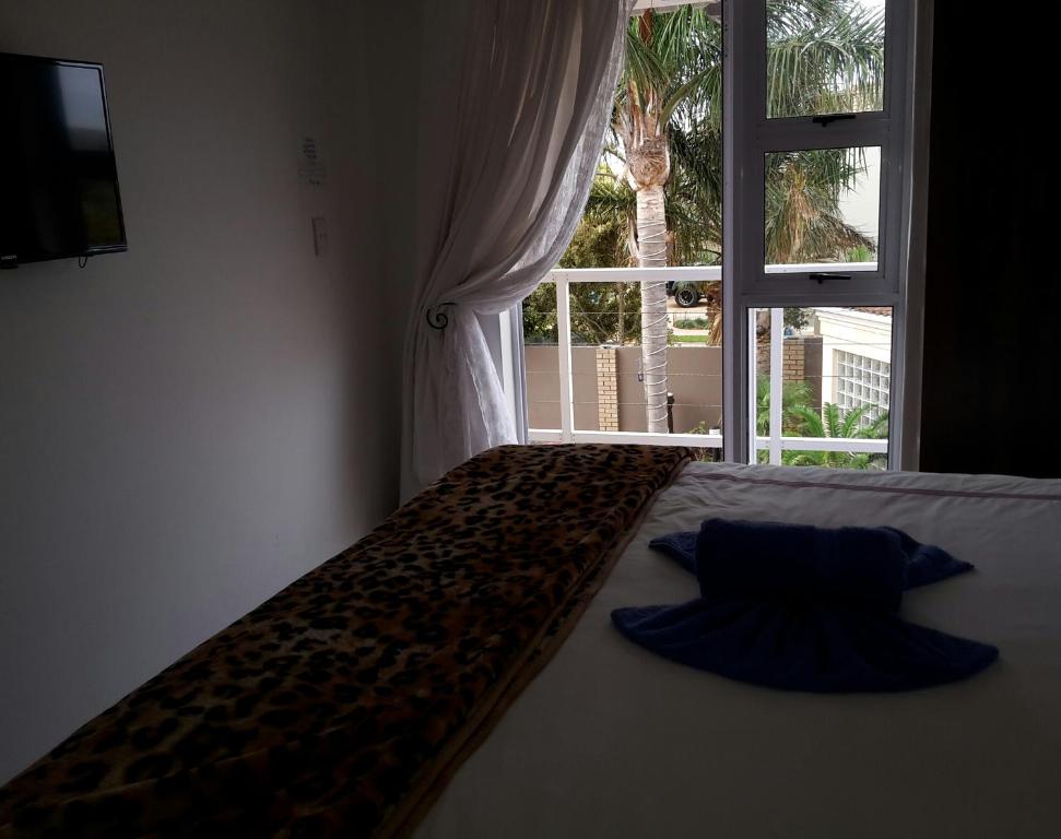 a bedroom with a bed with a large window at Abby's Guesthouse in Port Elizabeth