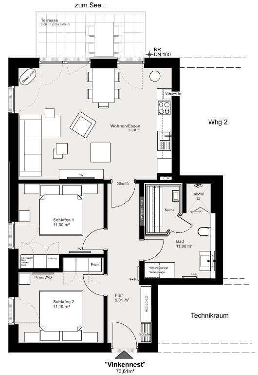 Půdorys ubytování Vinkennest am Diemelsee - Sonnenweg 44 - Kinderfreundliche Ferienwohnung mit Sauna, Terrasse, Garten und Seeblick! Bitte den gewünschten Zeitraum trotz fehlender Preise im Kalender auswählen!
