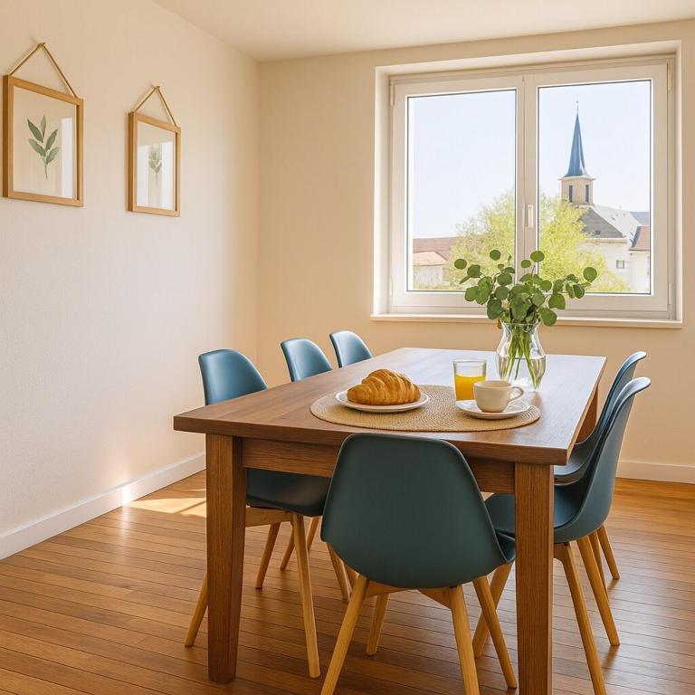 une salle à manger avec une table en bois et des chaises bleues dans l'établissement Duplex lumineux 4 chambres et 2 SDB proche gare, à Angers