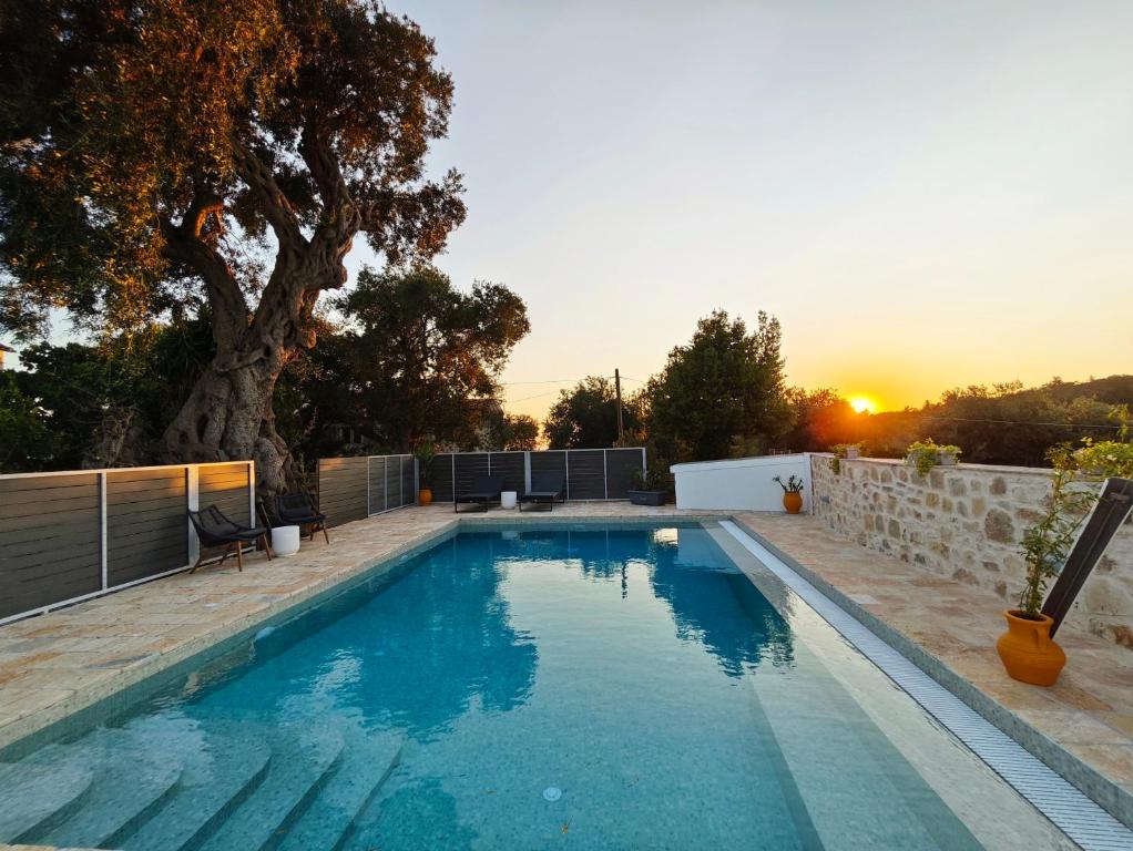 a swimming pool on a house with a tree at Paxos Dream House in Vlachopoulátika