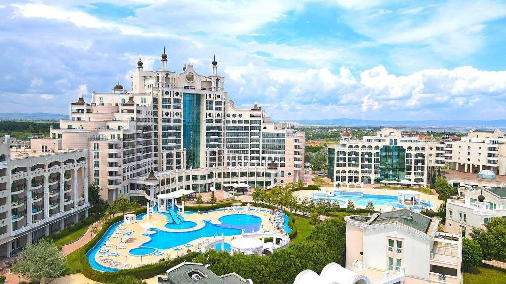 an aerial view of a large building with a pool at Apartment Sunset resort C8-24 in Pomorie