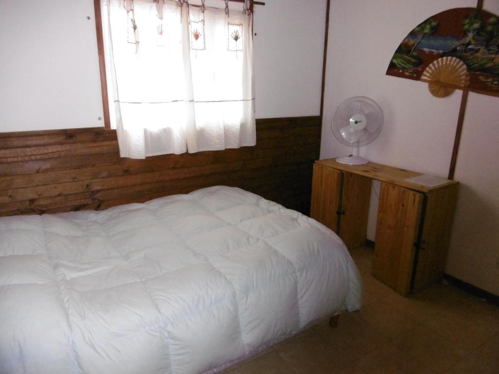 a bedroom with a bed and a window with a fan at Hostel La Casa de Tounens in Puerto Madryn