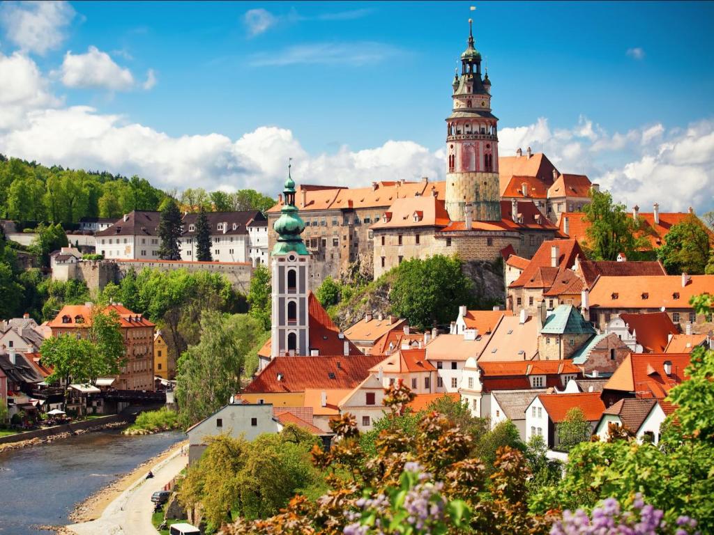 a view of a town with a castle at Penzion Svojše in Český Krumlov