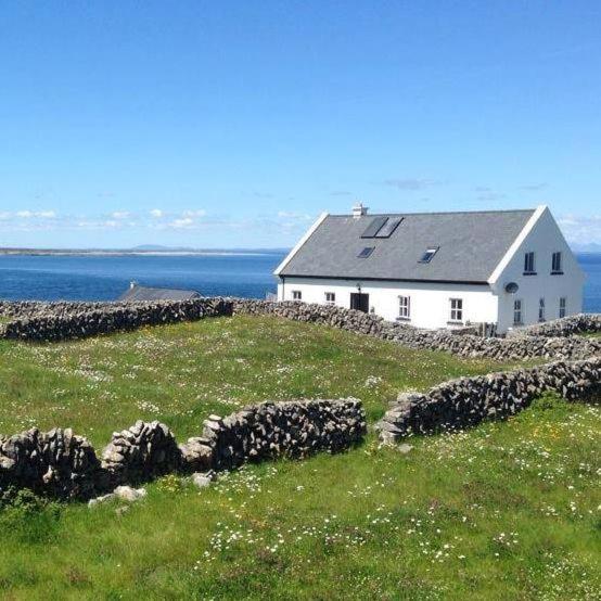 a house on top of a field next to the ocean at An Creagán Rooms in Inisheer