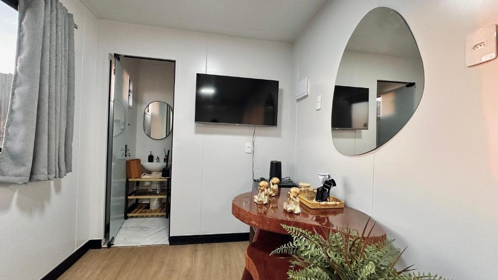 - un salon avec un miroir et un lavabo dans l'établissement Hospedagem Morro do Buda Container, à Planalto