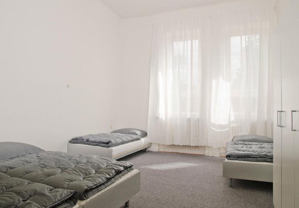 two beds in a room with white curtains at Hostel Valtice in Valtice