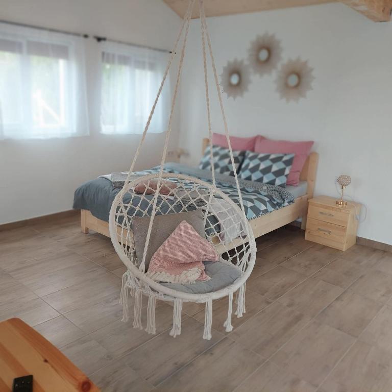 eine Schaukel in einem Zimmer mit einem Bett in der Unterkunft Casa Diana Tocile in Sadu