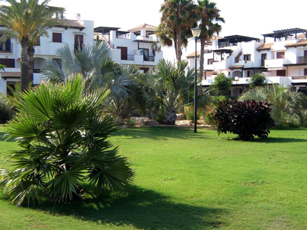 a green park with palm trees and buildings at Apartamento VenAVera Playa Jardines de Nuevo Vera I3-1B Primera Línea WIFI in Vera