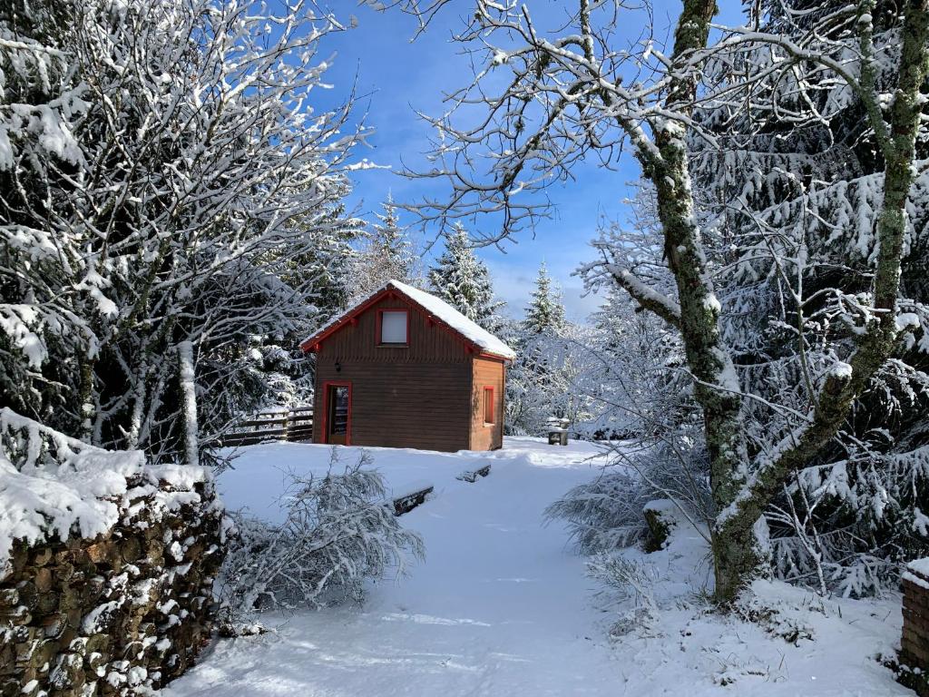 una pequeña cabaña roja en la nieve con árboles en Le Refuge, en Gérardmer