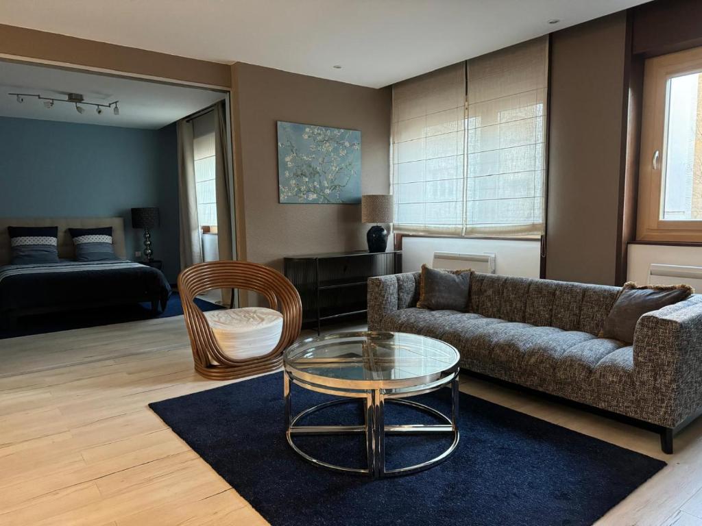 un salon avec un canapé et une table en verre dans l'établissement La suite de l'Observatoire, à Strasbourg