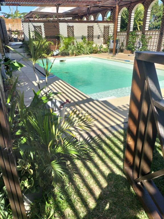 a fence next to a pool with a palm tree at Ylang Ylang in Saint-Leu