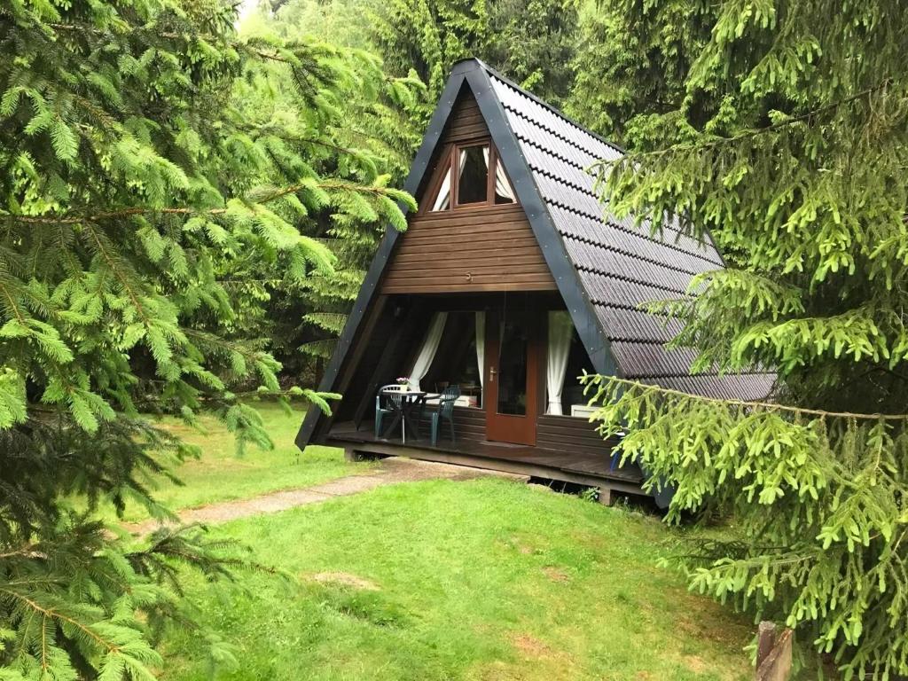 a cabin in the middle of a forest with trees at Ferienhaus Mit Garten, Grill Und Terrasse in Langelsheim