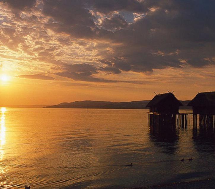 ウンターウールディンゲンにあるBodenseeZEITの桟橋付きの水上夕日