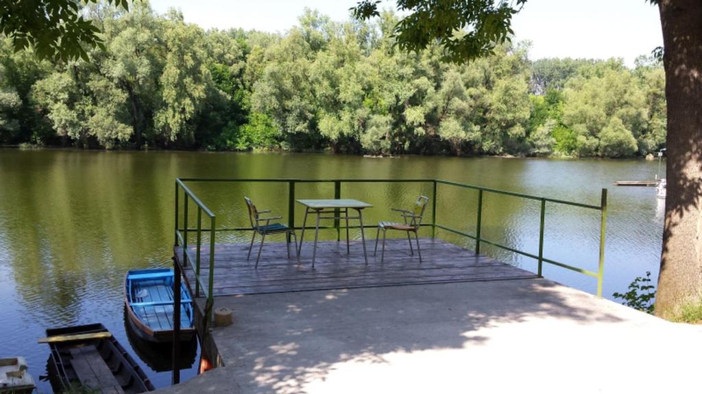 a dock with a table and chairs on the water at Holiday Home Baracka in Bezdan